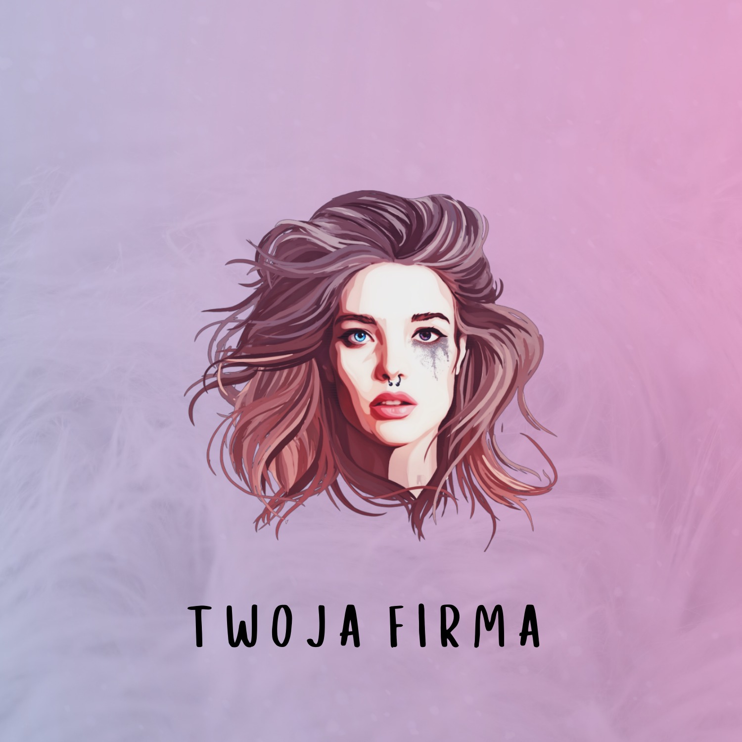 Ilustracja cyfrowa przedstawiająca portret kobiety z piercingiem w nosie, z jednym okiem z makijażem, a drugim bez, na rozmytym tle w odcieniach fioletu i różu, z napisem 'TWOJA FIRMA' na dole.