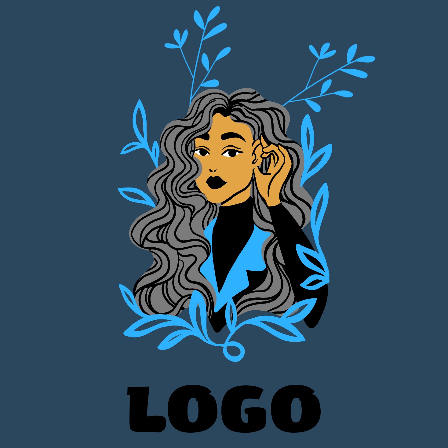 Ilustracja wektorowa logo przedstawiająca portret kobiety z szarymi, falowanymi włosami, ubraną w czarny golf i niebieską marynarkę, otoczoną niebieskimi liśćmi, na ciemnoniebieskim tle z napisem...
