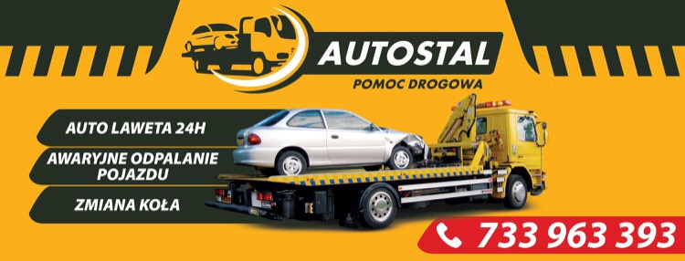 Żółta laweta z uszkodzonym srebrnym samochodem osobowym na platformie, logo firmy Autostal i dane kontaktowe na żółtym tle.