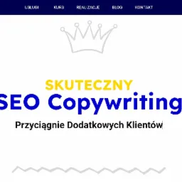 Strona internetowa z napisem 'Skuteczny SEO Copywriting. Przyciągnie Dodatkowych Klientów' oraz grafikami ikon: wykres, korona, globus, żarówka i rakieta.