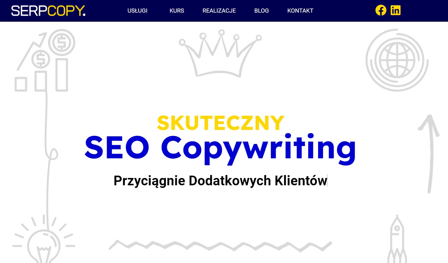 Strona internetowa z napisem 'Skuteczny SEO Copywriting. Przyciągnie Dodatkowych Klientów' oraz grafikami ikon: wykres, korona, globus, żarówka i rakieta.