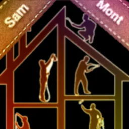 Grafika przedstawia sylwetki osób wykonujących różne prace remontowe wewnątrz konturu domu, z napisem 'Sam Re Mont' u góry, stylizowana na logo.