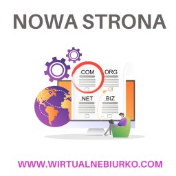 Wirtualne Biurko Ewelina Konieczna - Ilustracja przedstawia monitor z listą dostępnych domen (.COM w czerwonym okręgu, .ORG zaznaczone, .NET i .BIZ), obok globus i koła zębate, na dole adres strony internetowej. Koncepcja nowej strony...
