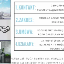 Grafika prezentująca kontakt, zakres usług, umowę i działanie w kontekście wirtualnego biura, z ikonami telefonu, podpisywanej umowy i uścisku dłoni, uzupełniona o zdjęcie biura z widokiem...