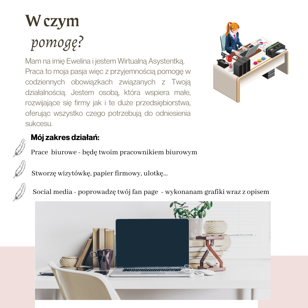 Ilustracja prezentująca ofertę wirtualnej asystentki: rysunek kobiety pracującej przy biurku z komputerem, obok tekst informujący o zakresie usług, a poniżej zdjęcie biurka z laptopem, książkami...