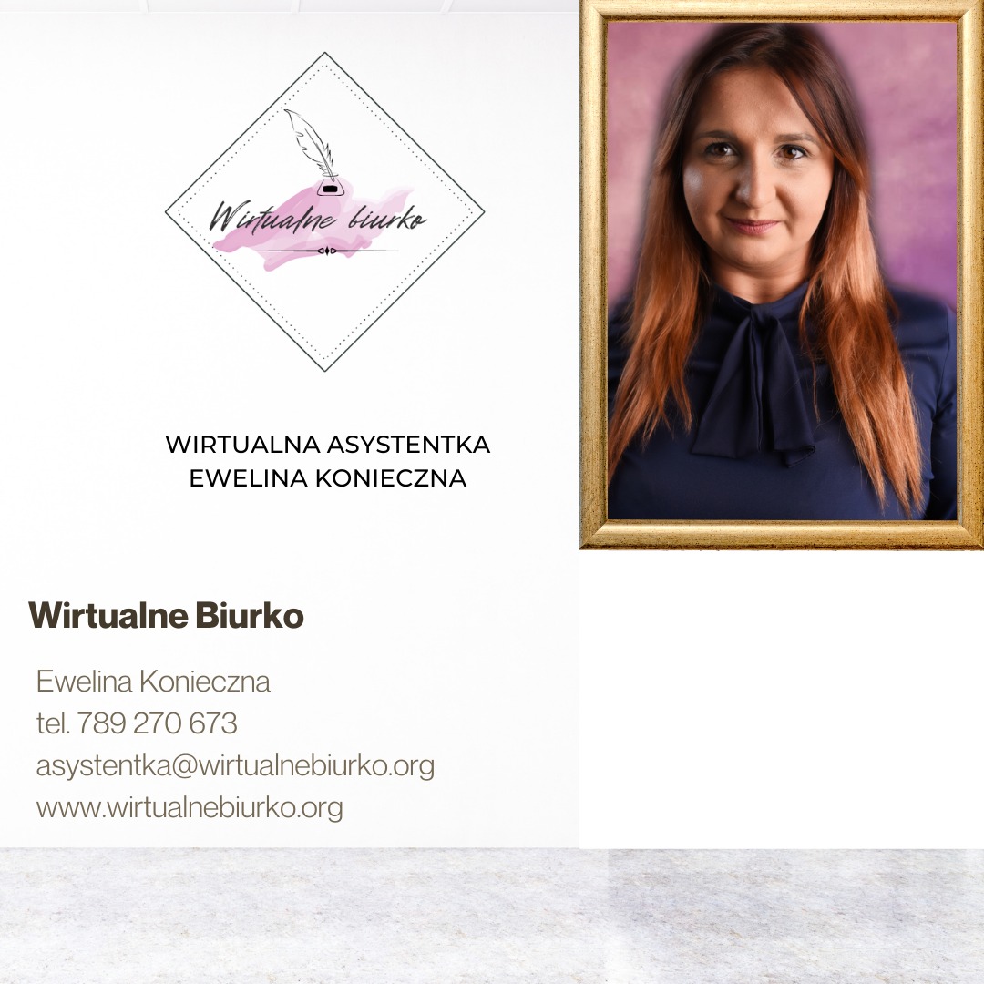 Wizytówka wirtualnej asystentki Eweliny Koniecznej, z logo 'Wirtualne biurko' w formie pióra w kałamarzu i portretem właścicielki w złotej ramie.