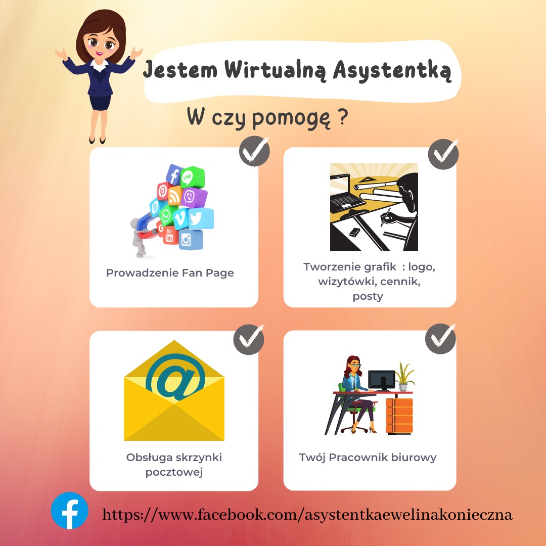 Grafika reklamowa wirtualnej asystentki oferującej prowadzenie fanpage, tworzenie grafik, obsługę skrzynki pocztowej i usługi biurowe, z linkiem do profilu na Facebooku.