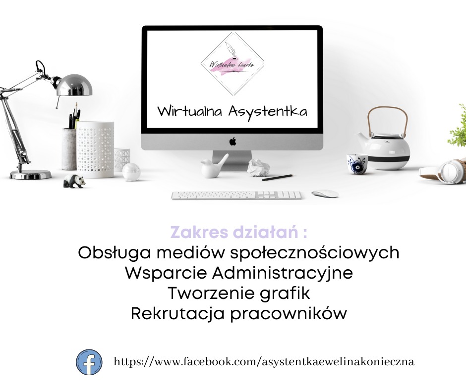 Minimalistyczne biurko w Bielawie z komputerem wyświetlającym logo 'Wirtualne biurko' i listą zakresu działań: obsługa mediów społecznościowych, wsparcie administracyjne, tworzenie grafik...