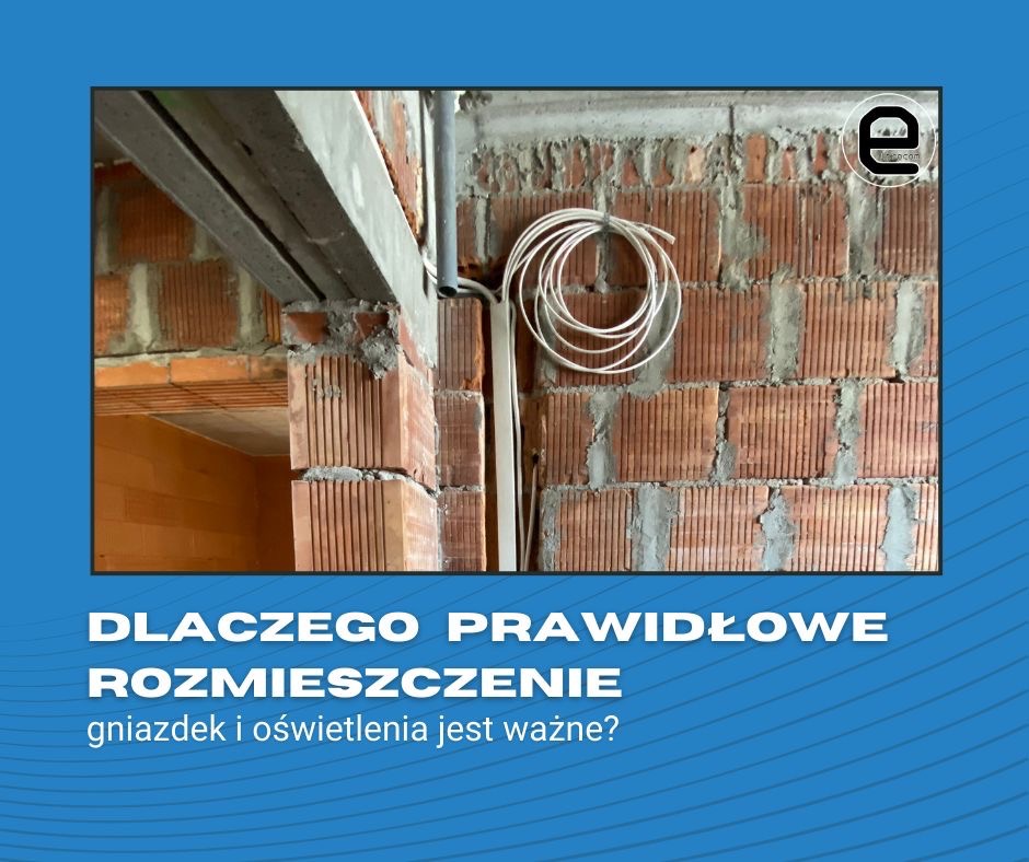 Surowe wnętrze z ceglaną ścianą, na której widoczne są przewody elektryczne zwinięte w okrąg. Elementy instalacji podtynkowych na tle budowy.