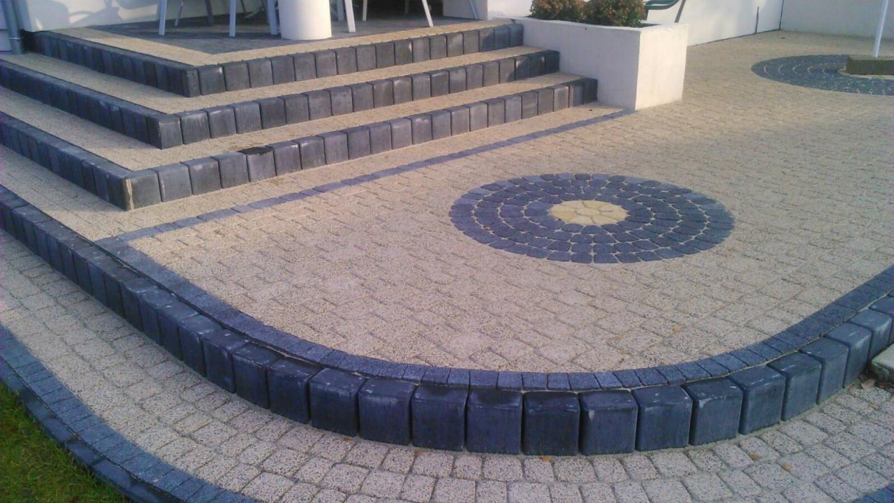 Schody i okrąg na posesji wyłożone kostką brukową w odcieniach szarości i beżu, z czarną obwódką, widoczne z bliska w słoneczny dzień.