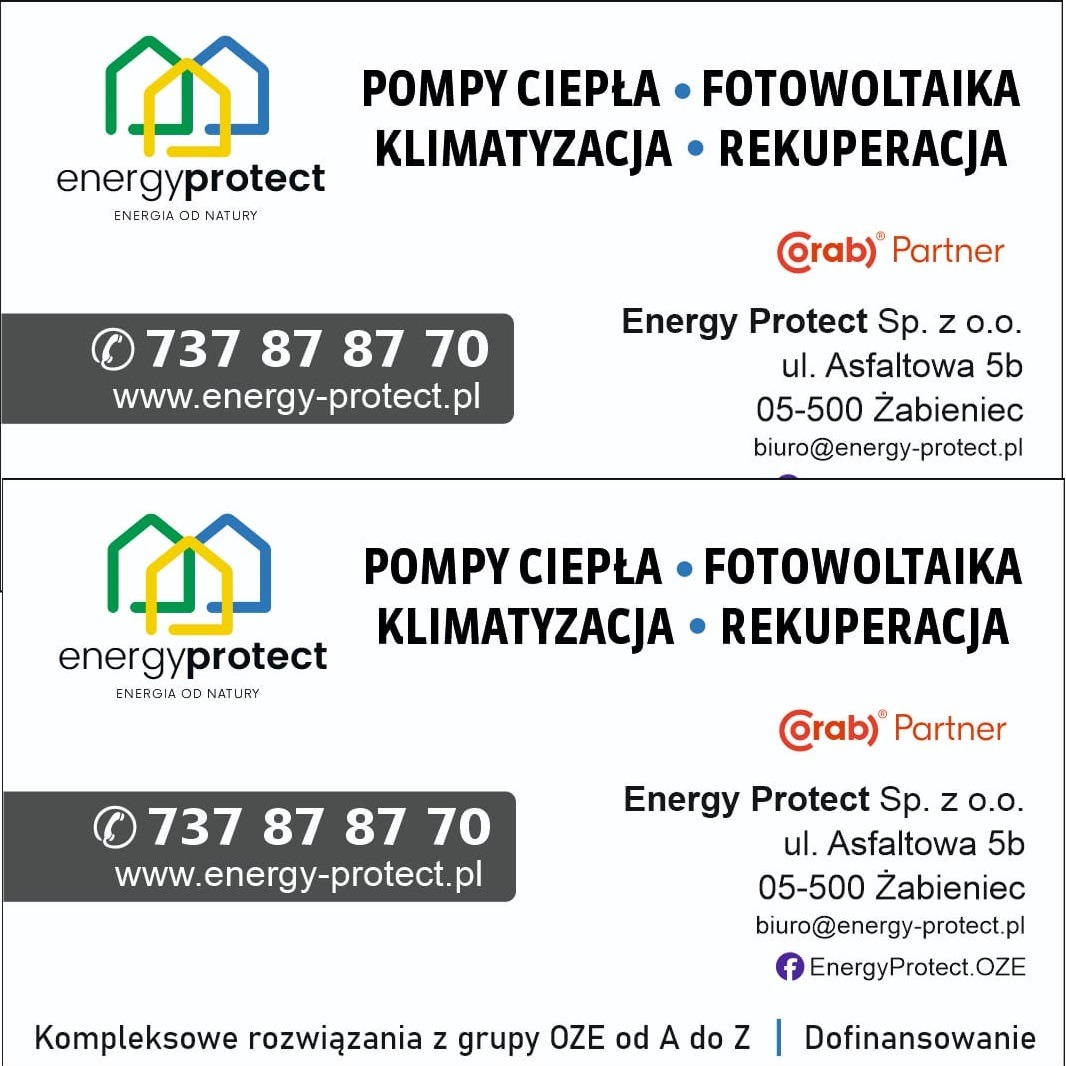 Grafika reklamowa firmy Energy Protect z logo (stylizowane domy w kolorach zielonym, żółtym i niebieskim) i hasłem 'Energia od natury', numerem telefonu, adresem strony internetowej oraz informacją...