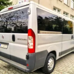 Srebrny bus marki Fiat Ducato, widziany z tyłu, zaparkowany na chodniku z kostki, z widocznym odbiciem drzewa w przyciemnianych szybach.