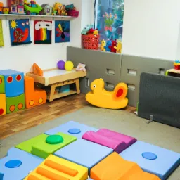 Wnętrze sali zabaw: kolorowe, miękkie moduły do wspinania i zabawy na podłodze, zabawki na półkach i przy oknie, zegar na ścianie.