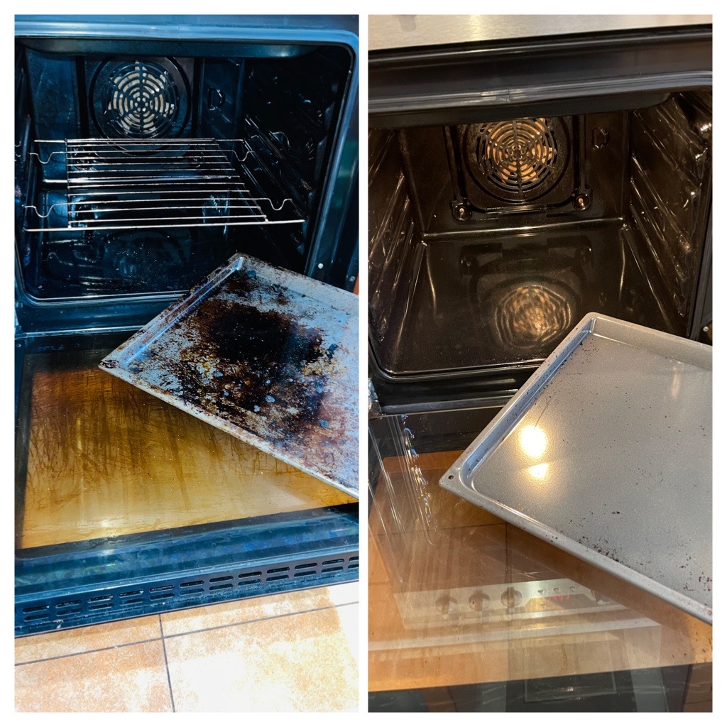 Porównanie piekarnika przed i po czyszczeniu: po lewej silnie zabrudzony piekarnik z przypalonym blatem, po prawej czysty piekarnik z umytym blatem. Widoczna różnica w stanie blachy do pieczenia.