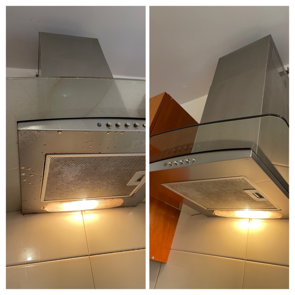 Porównanie okapu kuchennego przed i po czyszczeniu: widoczne plamy tłuszczu i brudu przed oraz lśniąca powierzchnia po zabiegu.