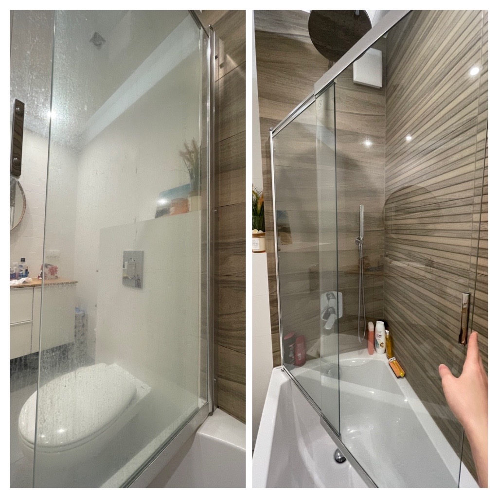 Porównanie kabiny prysznicowej przed i po czyszczeniu w Gdańsku, widoczne osady i zacieki usunięte z powierzchni szkła.