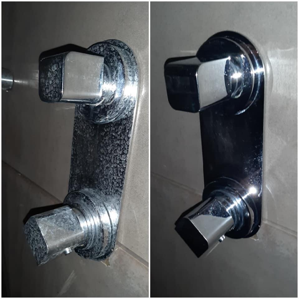 Porównanie baterii łazienkowej przed i po czyszczeniu z osadów kamienia. Po lewej zanieczyszczona, po prawej błyszcząca, po zabiegu.