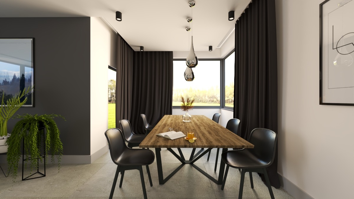 Jasna jadalnia z drewnianym stołem na metalowej podstawie w kształcie litery X, czarnymi krzesłami, lampą wiszącą w kształcie kropli i zasłonami w kolorze grafitowym.
