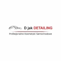 Logo firmy D jak Detailing z czarnym obrysem samochodu i czerwonym napisem 'D jak DETAILING' oraz dopiskiem 'Profesjonalne Kosmetyki Samochodowe'