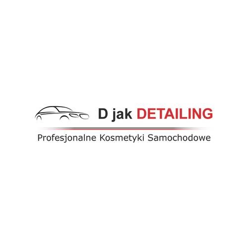 Logo firmy D jak Detailing z czarnym obrysem samochodu i czerwonym napisem 'D jak DETAILING' oraz dopiskiem 'Profesjonalne Kosmetyki Samochodowe'
