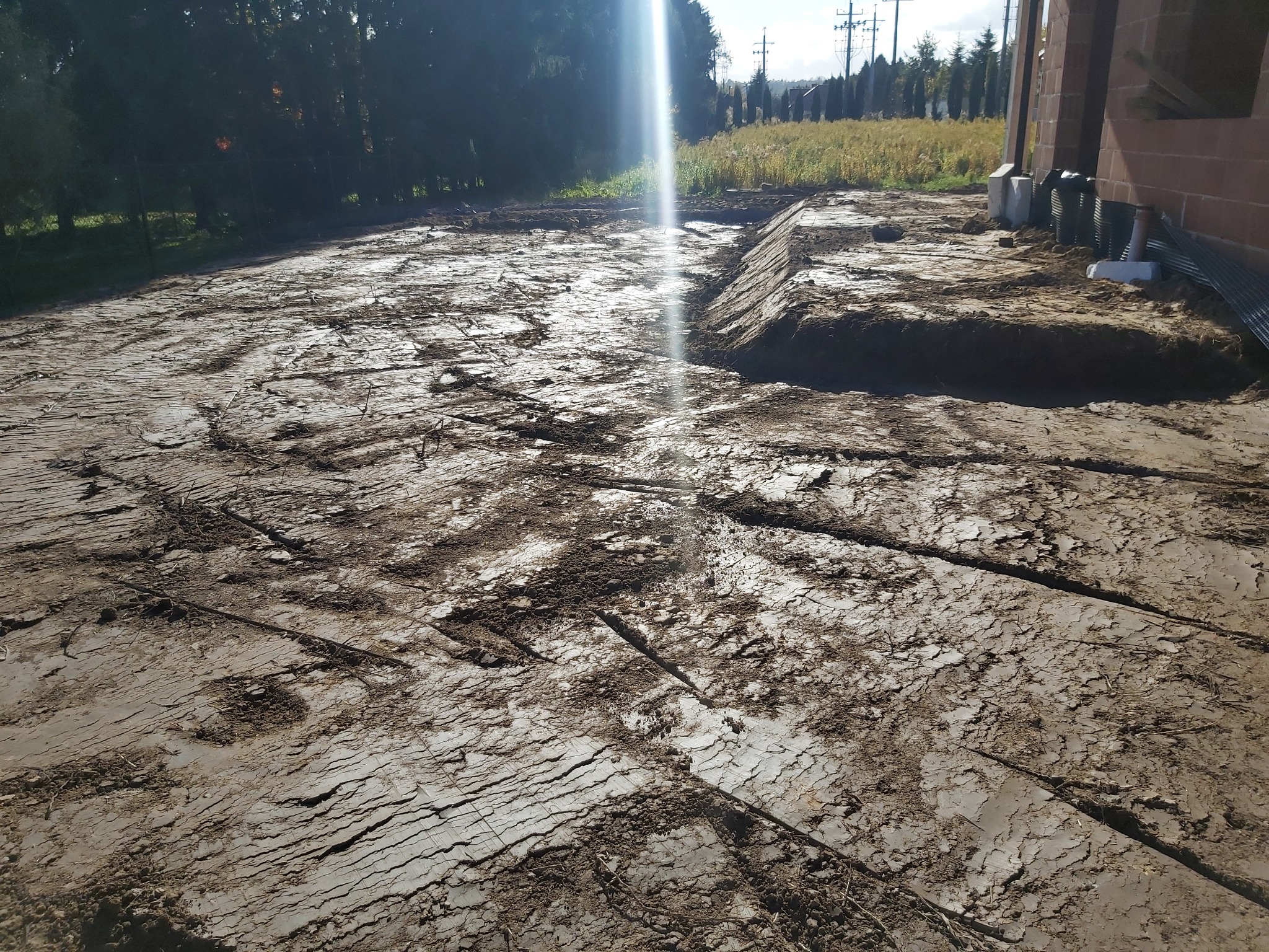 Niwelacja terenu przy nowo powstałym domu jednorodzinnym przy pomocy koparko ładowarki oraz wozidła o ładowności 3 tony