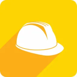 Ikona kasku ochronnego w kolorze białym na żółtym tle, z długim cieniem, symbolizująca nadzór budowlany.