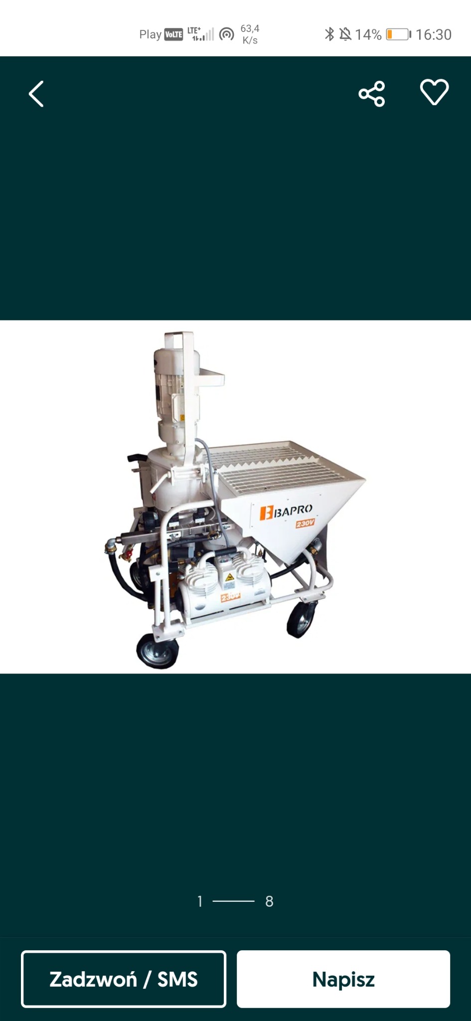 Biała maszyna do nakładania tynków, model BBAPRO 230V, z widocznym silnikiem i zbiornikiem na mieszankę, na kółkach.