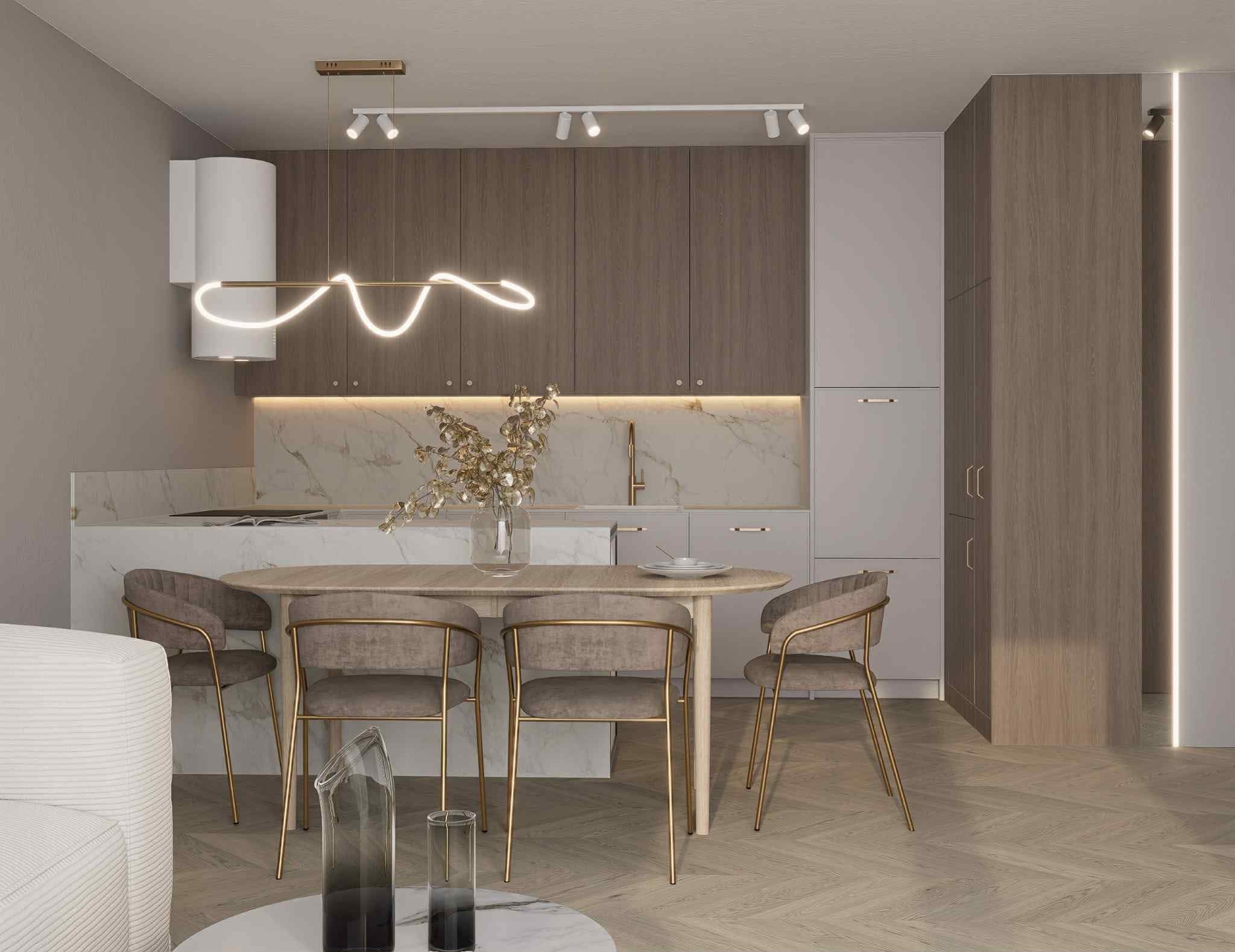 Nowoczesna kuchnia z drewnianymi szafkami, marmurowym blatem i oświetleniem LED. Stół z krzesłami w odcieniach beżu. Minimalistyczny design.