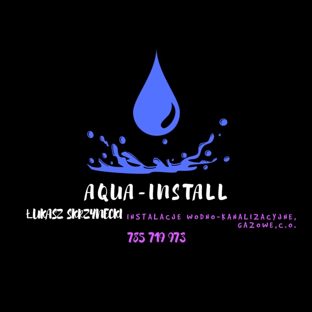 Grafika z niebieską kroplą wody nad nazwą firmy 'AQUA-INSTALL' i numerem telefonu. Oferuje instalacje wodno-kanalizacyjne, gazowe i CO.