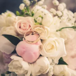 Dwa złote obrączki z wygrawerowanymi imionami leżą na bukiecie ślubnym z białych i różowych róż w Mińsku Mazowieckim.