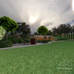 Wizualizacja ogrodu z hamakiem, dekoracyjnymi drzewami i kwitnącymi krzewami, oświetlona promieniami słońca przebijającymi się przez chmury.