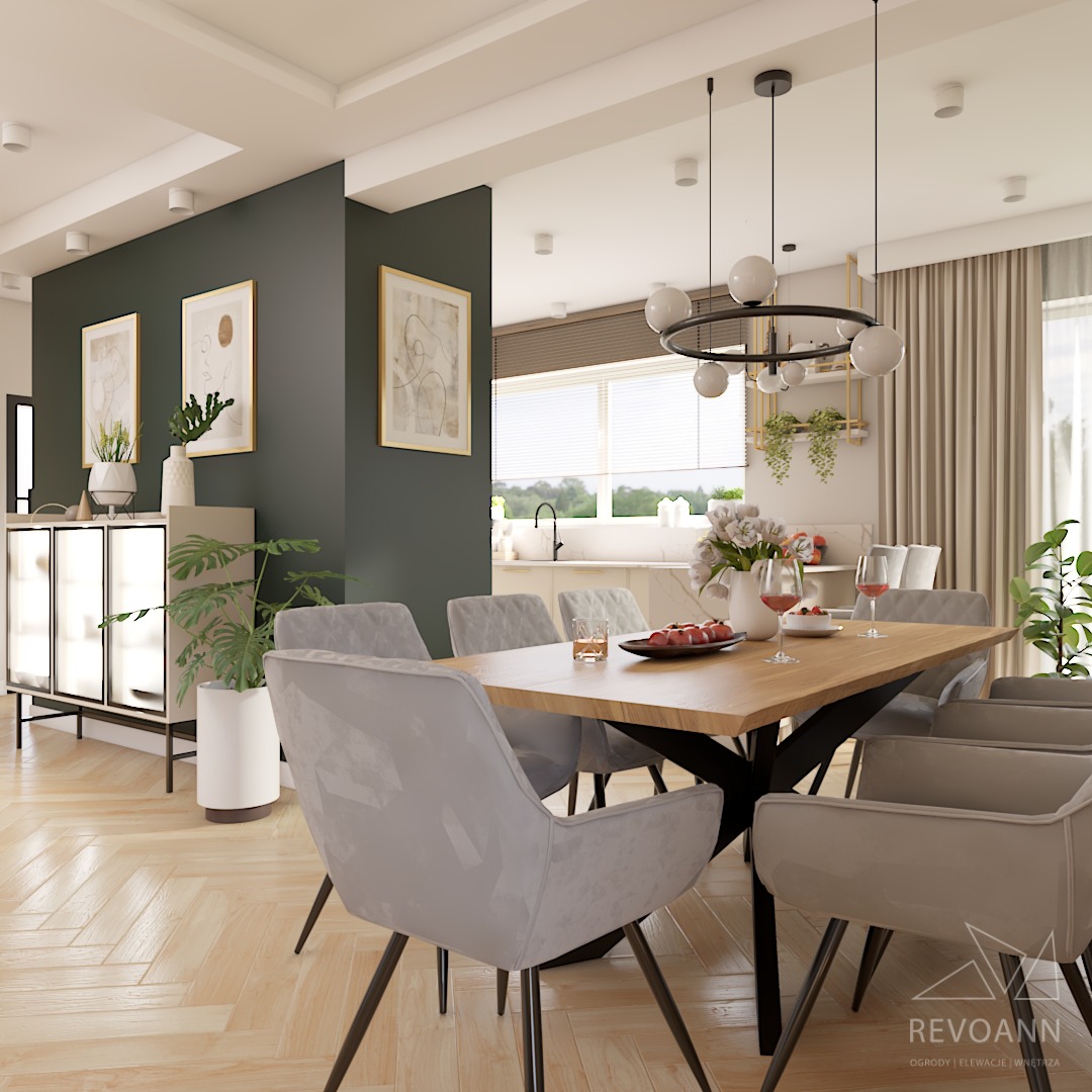 Wizualizacja jadalni w Świdniku: stół z drewnianym blatem i czarną podstawą, otoczony szarymi krzesłami na tle ciemnozielonej ściany z obrazami i jasnej kuchni z oknem.