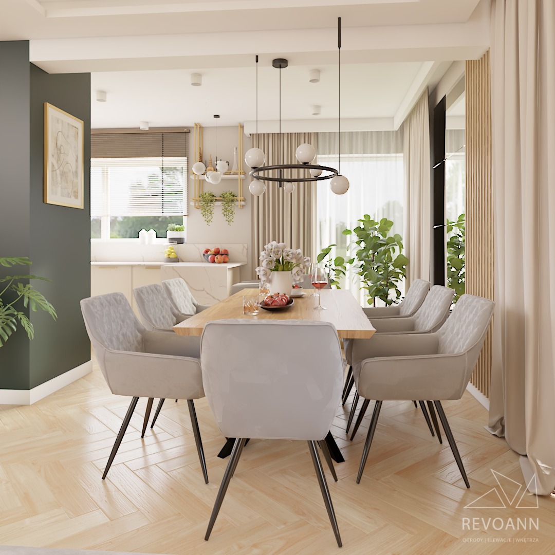 Jasna jadalnia z drewnianym stołem, sześcioma krzesłami w odcieniach szarości, nowoczesną lampą wiszącą z okrągłymi kloszami i parkietem ułożonym w jodełkę.