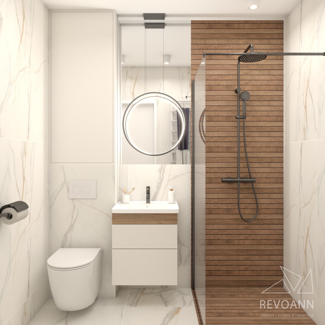 Wizualizacja nowoczesnej łazienki z kabiną prysznicową wyłożoną drewnem, okrągłym lustrem z podświetleniem LED, umywalką z szafką w kolorze białym i drewnianym blatem oraz toaletą w stylu...