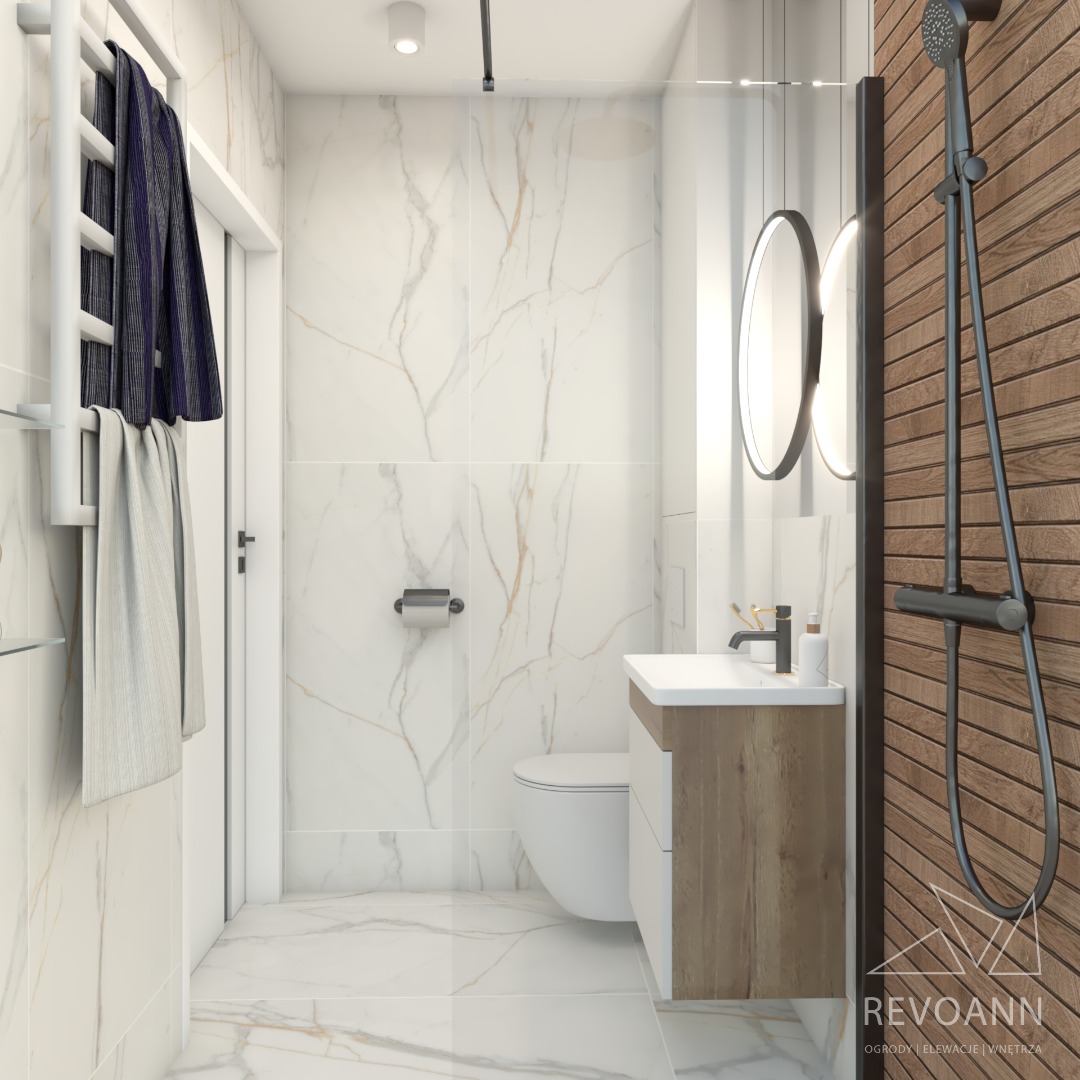 Wizualizacja nowoczesnej łazienki z marmurowymi płytkami, drewnianą szafką pod umywalką, okrągłymi lustrami z podświetleniem i czarną armaturą.