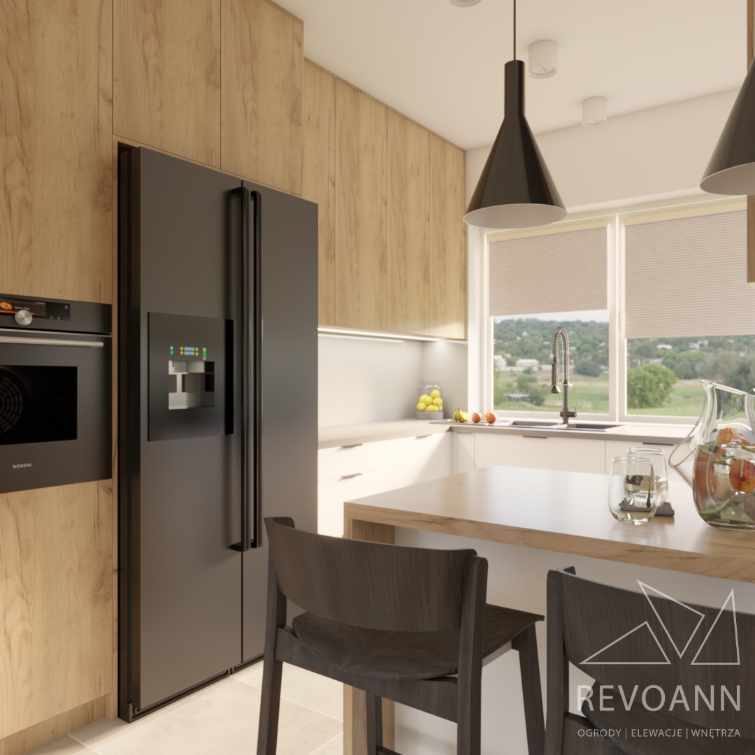 Wizualizacja nowoczesnej kuchni z drewnianymi frontami, czarnym sprzętem AGD marki Siemens, wyspą z drewnianym blatem i widokiem na zieleń za oknem.