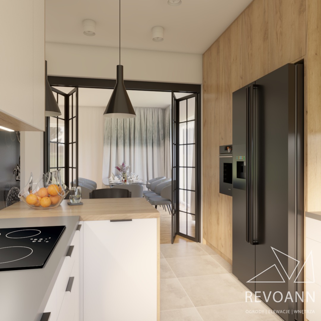 Wizualizacja nowoczesnej kuchni z wyspą, czarną lodówką i przeszklonymi drzwiami do jadalni, na blacie misa z pomarańczami.