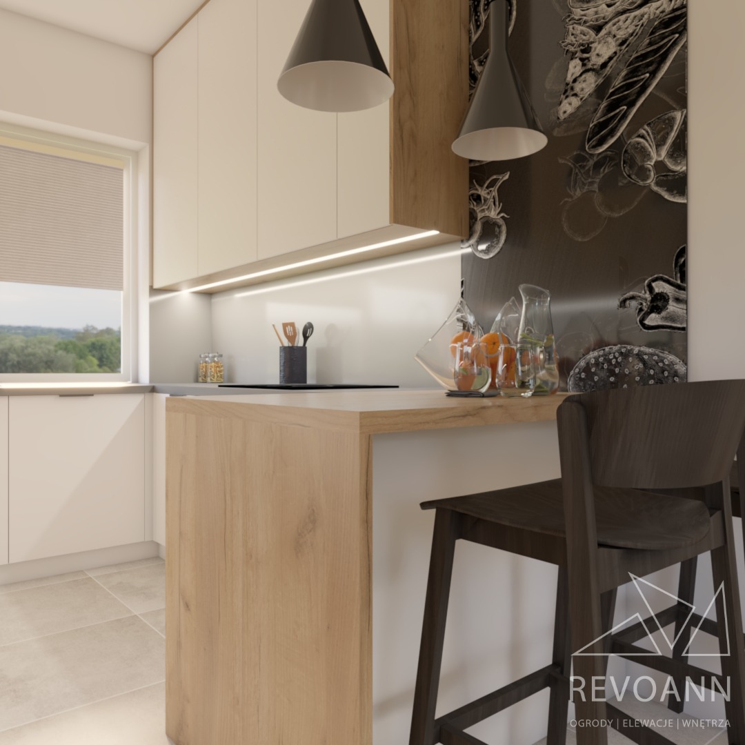 Jasna kuchnia z drewnianym blatem, czarnymi lampami wiszącymi i ścianą z motywem warzyw i owoców, uzupełniona o wysoki drewniany stołek.