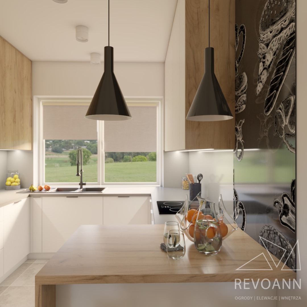 Wizualizacja nowoczesnej kuchni z wyspą, białymi frontami szafek i drewnianymi akcentami, z widokiem na zielony krajobraz za oknem i czarnymi lampami wiszącymi.