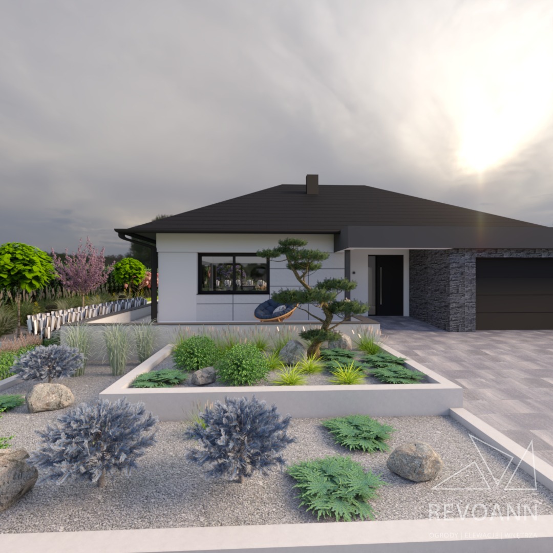 Wizualizacja nowoczesnego domu jednorodzinnego z minimalistycznym ogrodem japońskim, z widocznym bonsai, kamieniami i ozdobnymi krzewami na żwirowym podłożu, oświetlonym popołudniowym słońcem,...