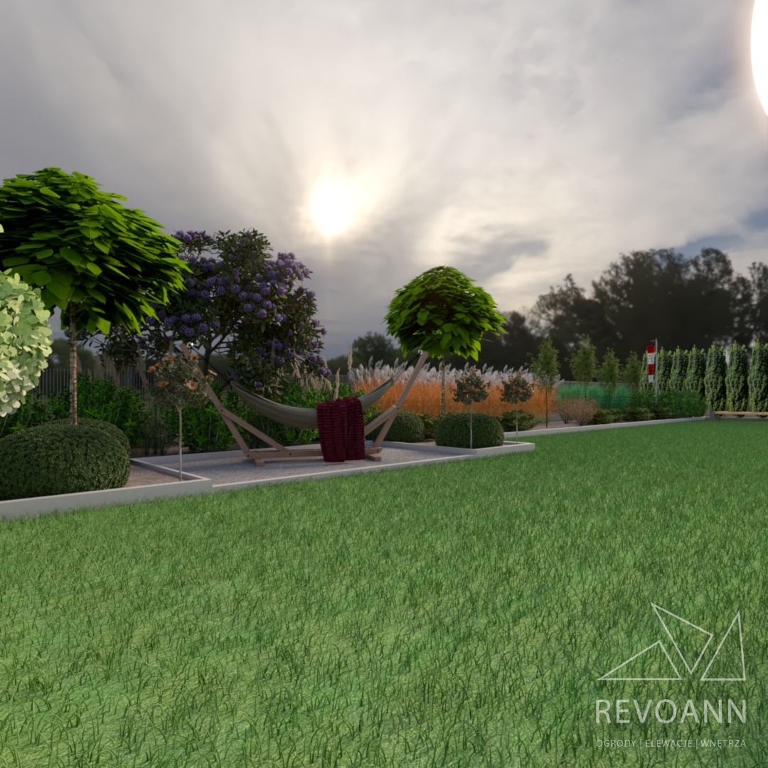 Wizualizacja ogrodu z hamakiem, dekoracyjnymi drzewami i kwitnącymi krzewami, oświetlona promieniami słońca przebijającymi się przez chmury.