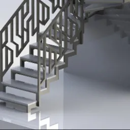 Wizualizacja schodów metalowych z geometryczną balustradą, prezentująca minimalistyczny design i nowoczesne wykończenie.