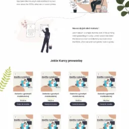 Projekt strony internetowej z ilustracjami i zdjęciem kobiety w fartuchu laboratoryjnym, prezentującej ofertę kursów z genetyki molekularnej.