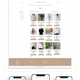Makieta strony internetowej sklepu odzieżowego Woman's Way, wyświetlana na monitorze, laptopie i smartfonach, prezentująca responsywny design i interfejs użytkownika.