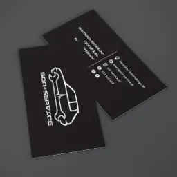 Dwie czarno-białe wizytówki firmy SOR-SERVICE z logo przedstawiającym klucz płaski i zarys samochodu, na szarym tle.