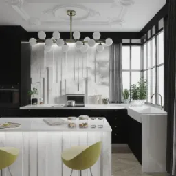 Nowoczesna, czarno-biała kuchnia z wyspą oświetloną od dołu, żółte krzesła barowe, dekoracyjna ściana z geometrycznym wzorem i duża lampa sufitowa z kulistymi kloszami.