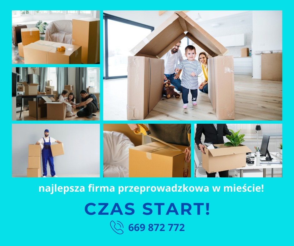 Kolaż zdjęć: rodzina z dzieckiem bawiąca się w dom z kartonów, pracownik w kombinezonie z kartonami, pakowanie kartonów taśmą, biuro z rośliną pakowaną do przeprowadzki, kartony w mieszkaniu...