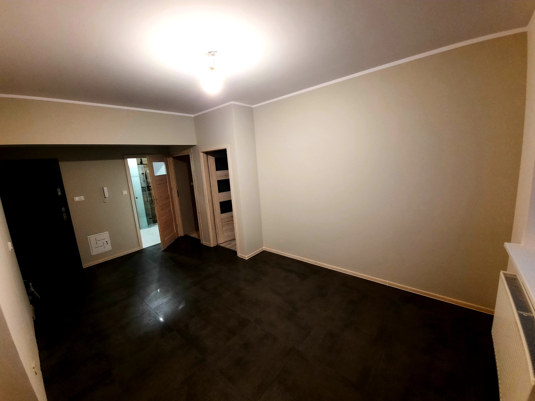 Pusty pokój po remoncie z ciemną podłogą, świeżo pomalowanymi ścianami w odcieniach beżu i białym sufitem z centralnym oświetleniem. Widoczne drzwi wejściowe i wewnętrzne.