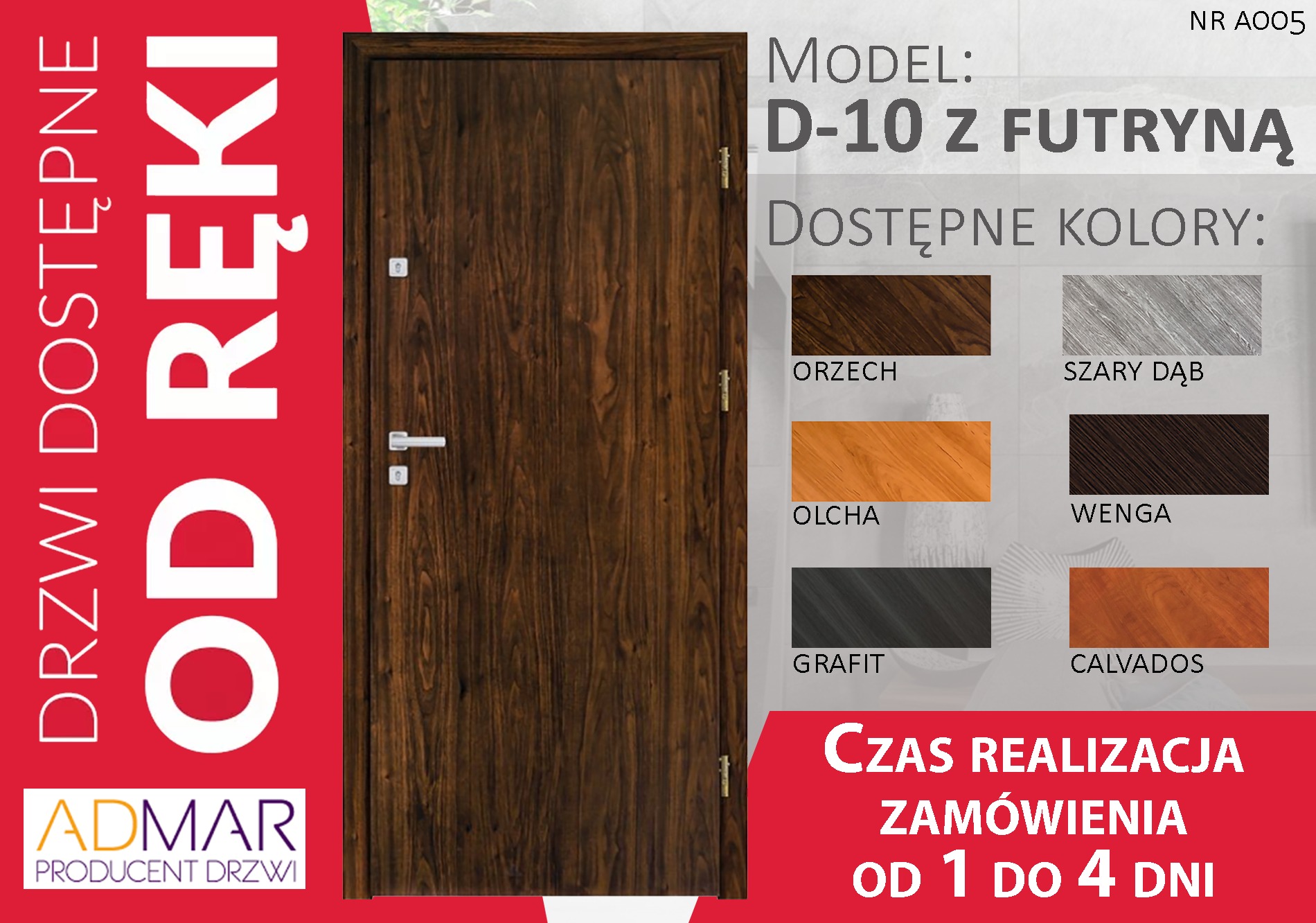 Drzwi model D-10 z futryną, kolor orzech, prezentacja dostępnych kolorów i czasu realizacji zamówienia od 1 do 4 dni, producent Admar.