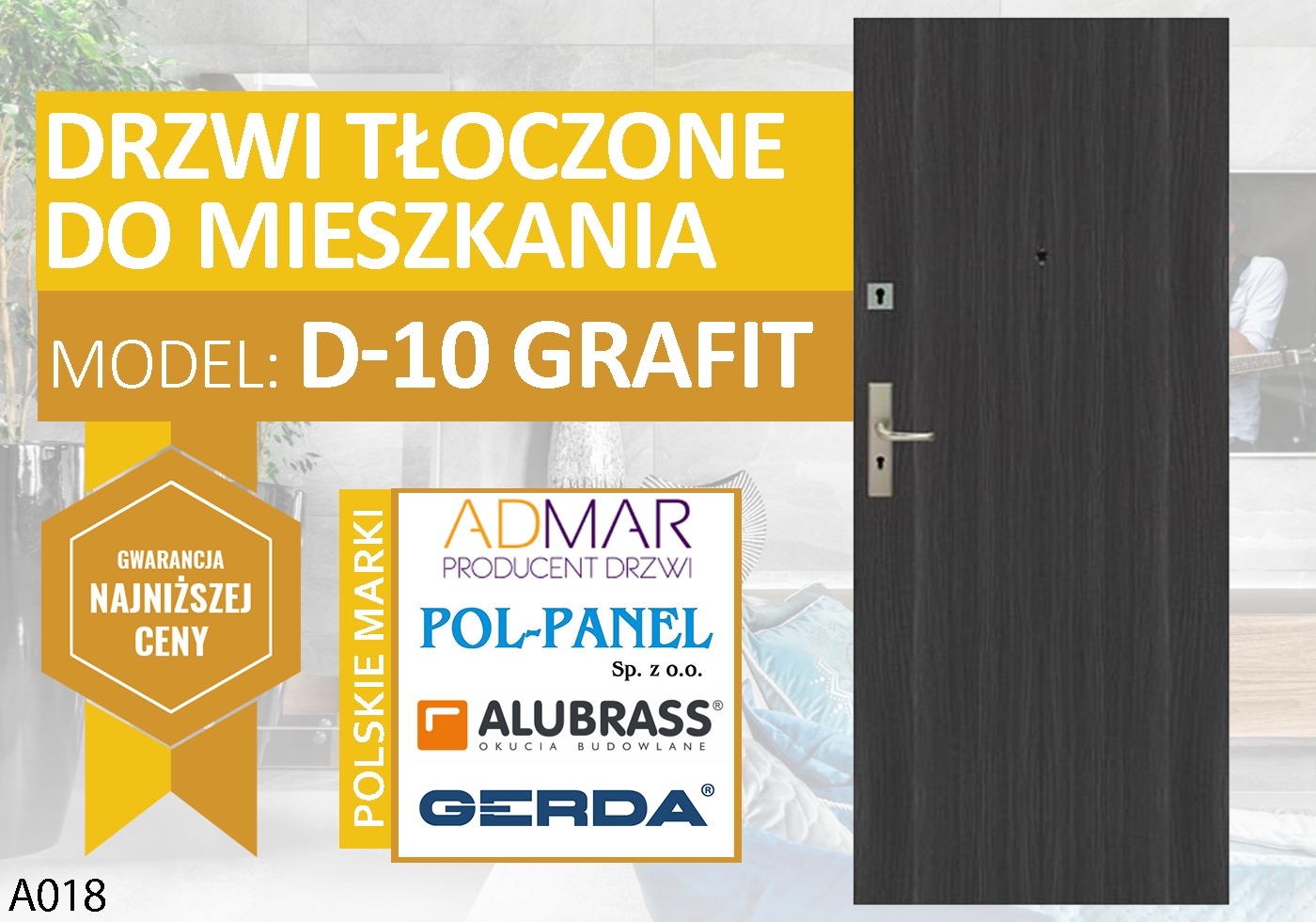 Grafitowe drzwi tłoczone do mieszkania model D-10, prezentacja z logo producentów i gwarancją najniższej ceny.